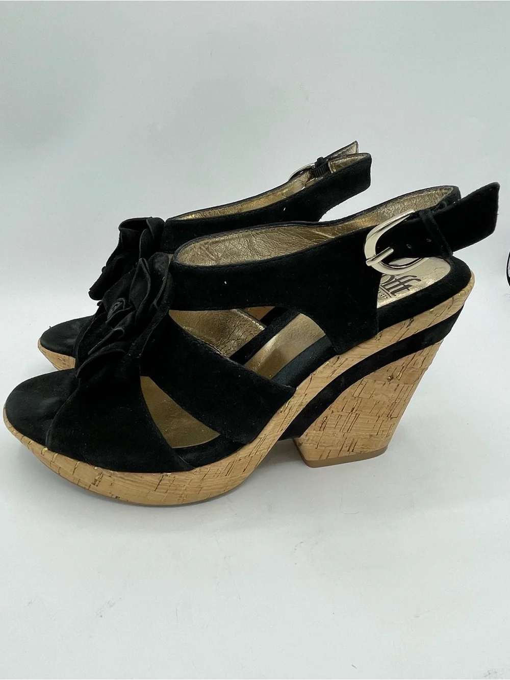 Sofft Black Suede Cork Wedge Sandals with Floral Rosette Accent.